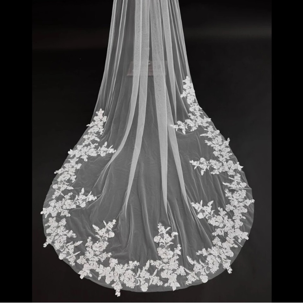 Anthropologie Cathedral long bridal lace embroidered edge boho veil - Picture 5 of 6